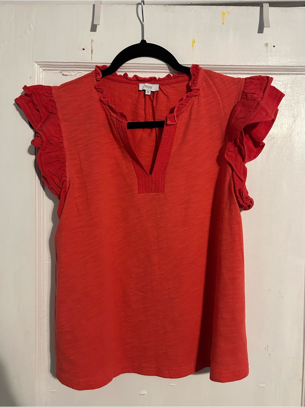 VOY Ruffle Sleeve V-Notch Blouse in Coral